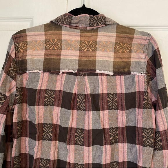 Free People Patchwork Plaid Button Down Long Sleeve Top Medium - Picture 6 of 7
